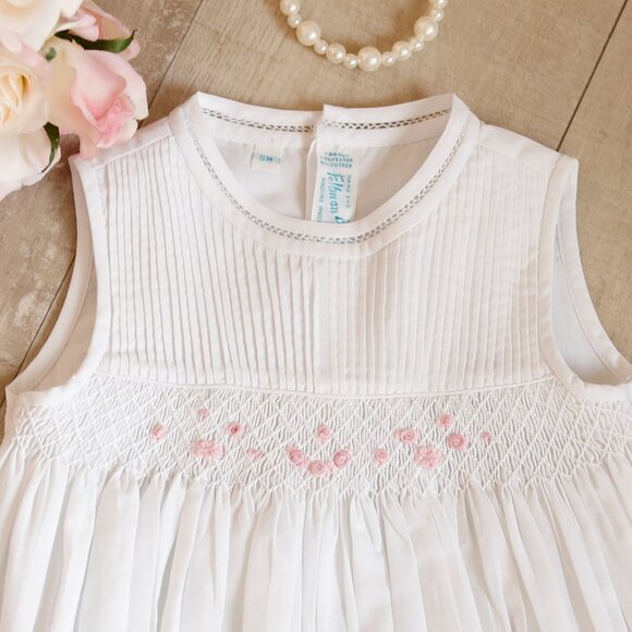 White Smocked Romper Pink Embroidery Feltman Brothers Pin Tucks 9 Months NWT - Picture 3 of 4